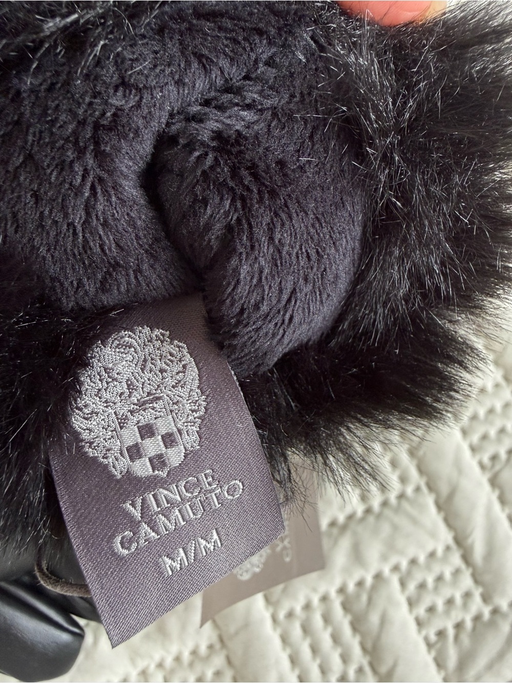Vince Camuto Black Leather Gloves with Faux Fur Cuff and Gold Accent - Picture 6 of 6